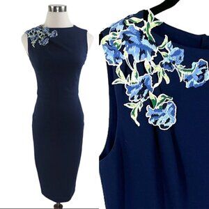 Jason Wu Collection Embroidered Floral Applique Navy Sleeveless Sheath Dress 2